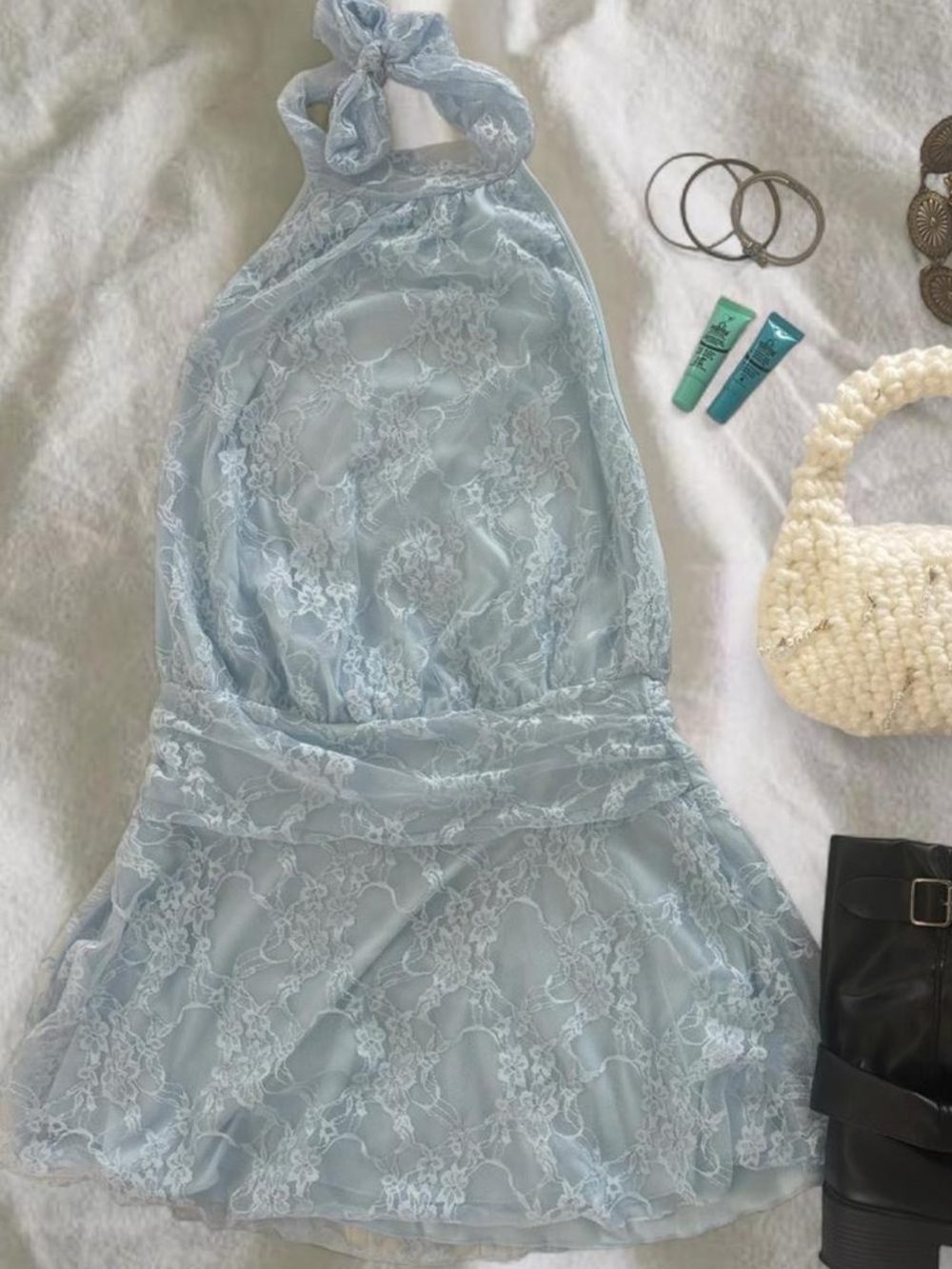 Light Blue Lace Backless Halter Dress by
